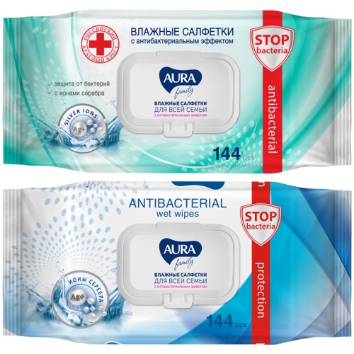 Салфетки влажные 144 шт Aura Ultra Family. с крышкой, антибактериальные "Дава"