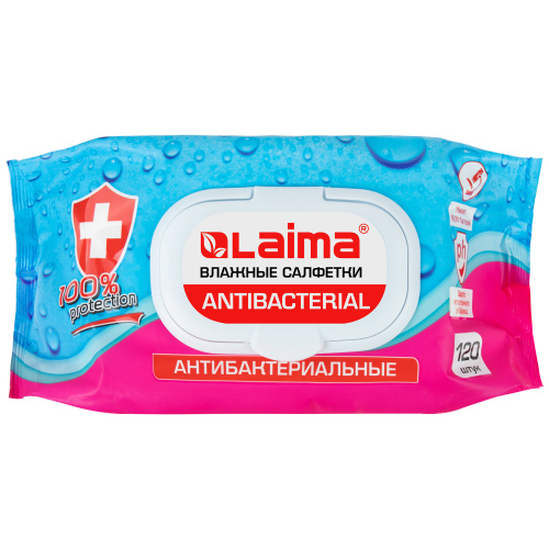 Салфетки влажные 120 шт LAIMA 112497 Antibacterial, с пластиковым клапаном ЧЗ "Дава"