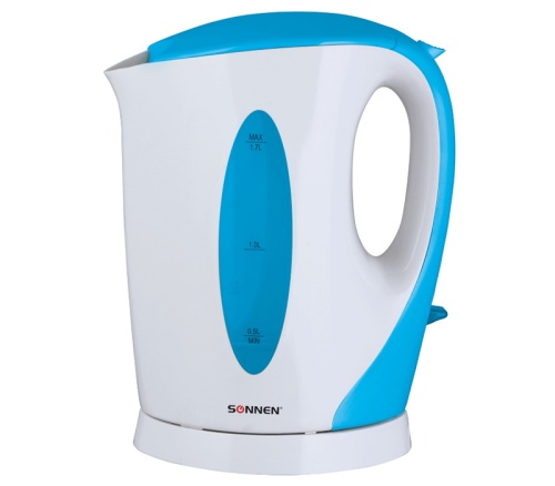 Чайник SONNEN KT-003BL 451818 1,7л, 2200Вт, открытый нагревательный элемент, пластик, белый/синий "Дава"