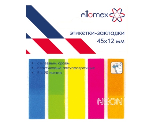 Закладки самоклеящиеся 45*12мм 5цв*20л Attomex 2011703 пластик неон "Дава"