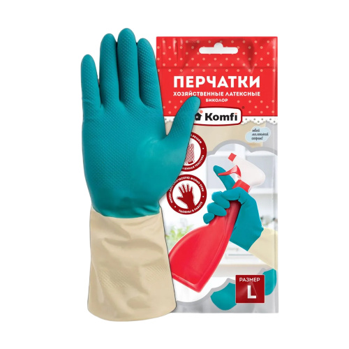 Перчатки хозяйственные латексные Komfi Биколор, BICOLO7, L, бежевый+бирюзовый ЧЗ "Дава"