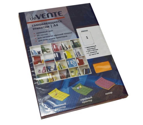 Этикетка самоклеящаяся deVENTE А4 неделенная 2060503 неон оранжевая "Дава"