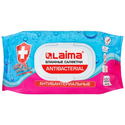 Салфетки влажные 120 шт LAIMA 112497 Antibacterial, с пластиковым клапаном "Дава"