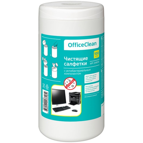 Салфетки д/чистки пластика 100шт OfficeClean 249230, универсальные, антибактериальные "Дава"