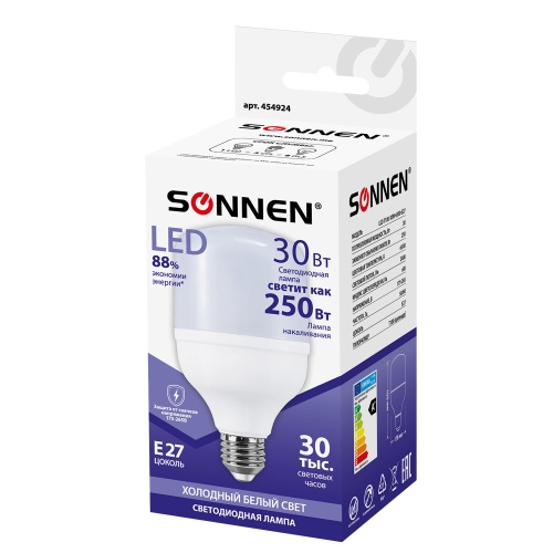 Лампа светодиодная Sonnen 30 (250) Вт, цоколь Е27, цилиндр, холодный белый LED Т100-30W-6500, 454924 "Дава"